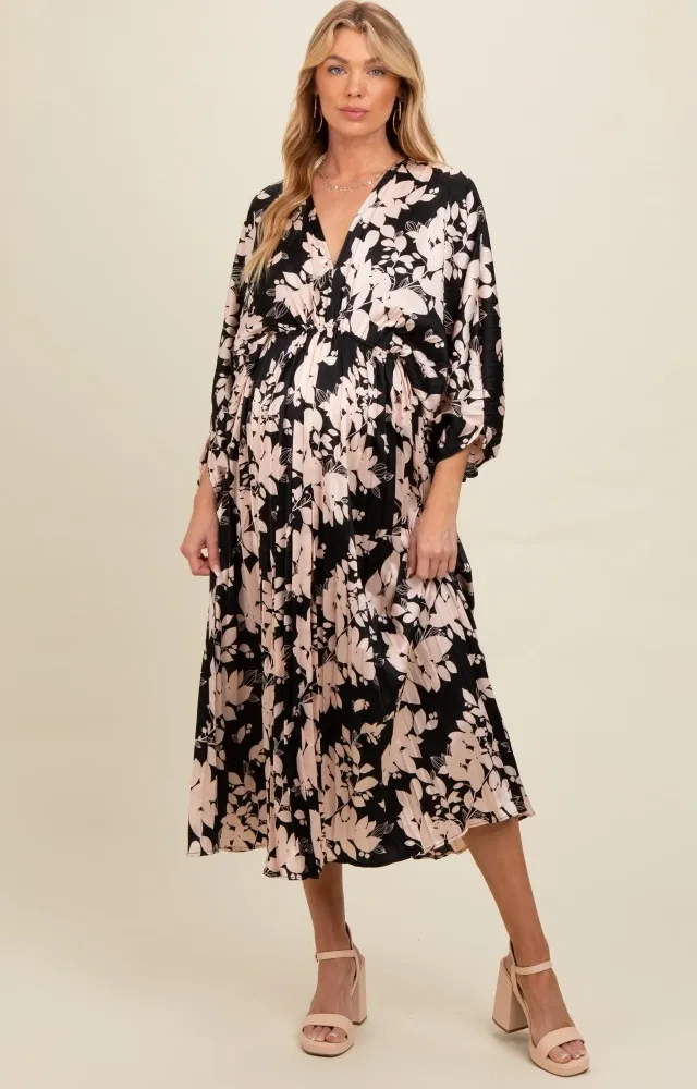 Black Floral Satin Pleated V-Neck Maternity Maxi Dress