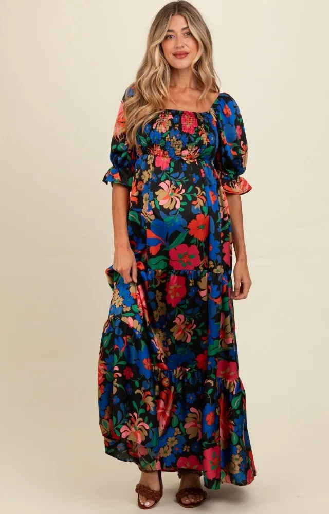 Black Floral Satin Smocked Tiered Maternity Maxi Dress