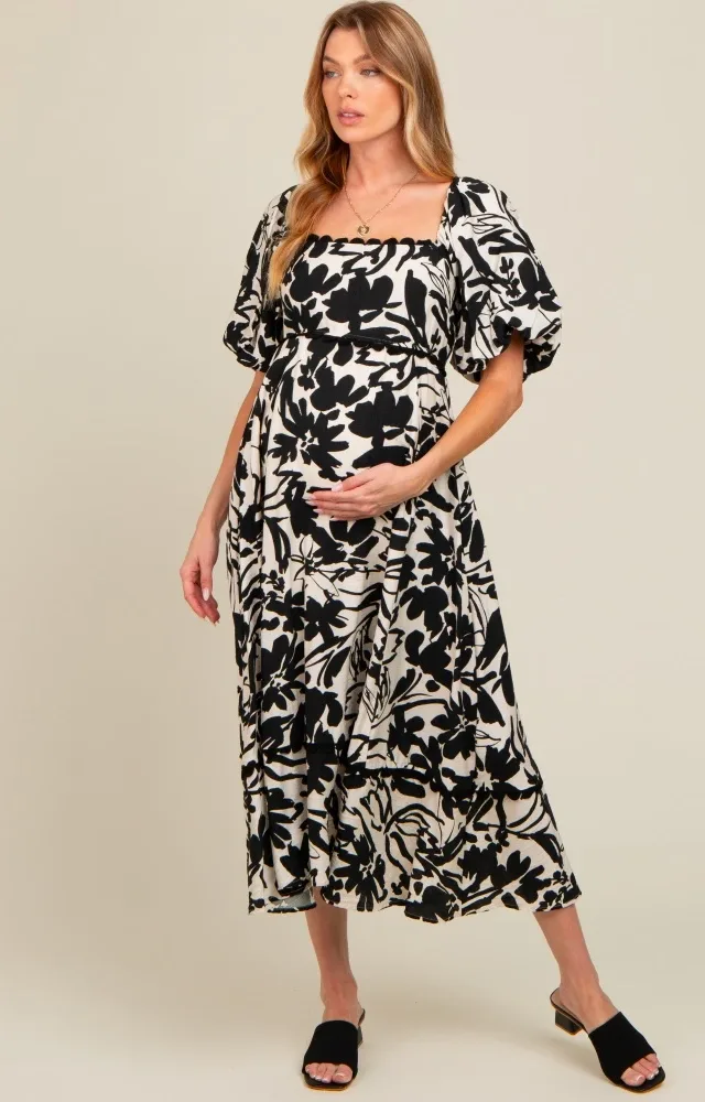 Black Floral Scallop Trim Maternity Midi Dress