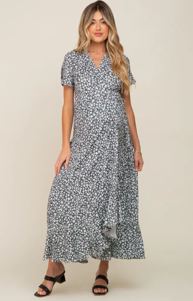 Black Floral Short Sleeve Maternity Wrap Maxi Dress