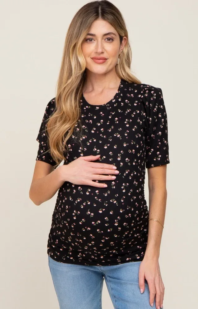 Black Floral Side Ruched Maternity Short Sleeve Top