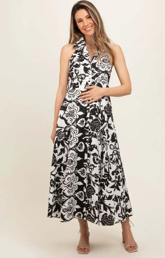 Black Floral Sleeveless Halter Maternity Midi Dress