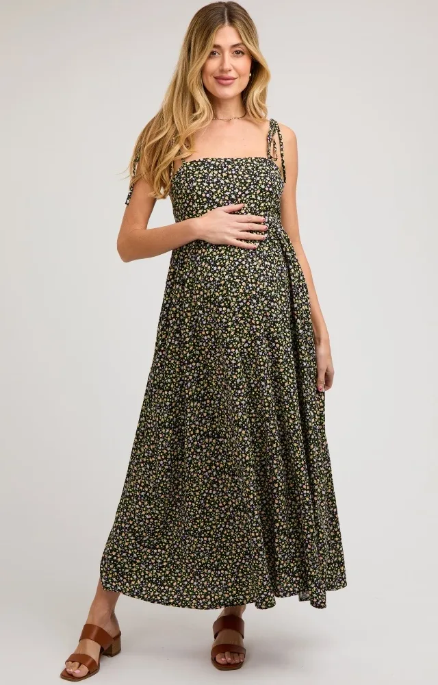 Black Floral Sleeveless Pocketed Maternity Maxi Dress