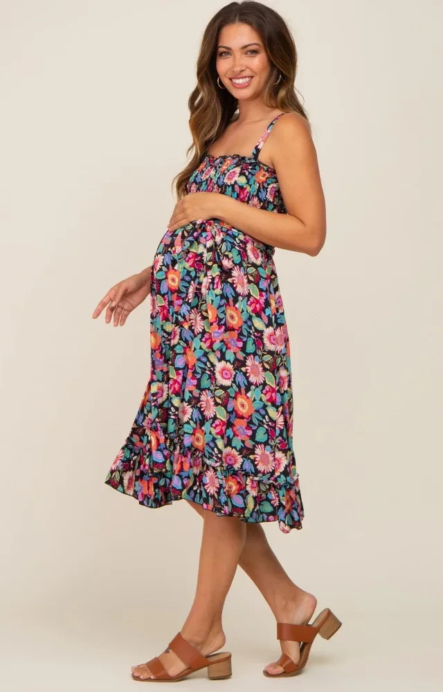 Black Floral Sleeveless Ruffled Maternity Dress