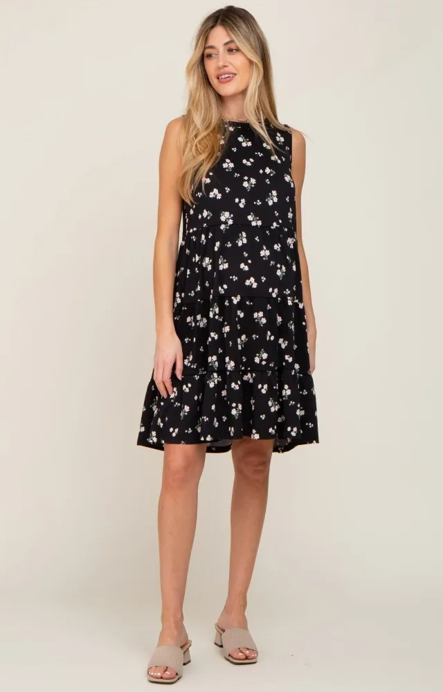 Black Floral Sleeveless Tiered Maternity Dress