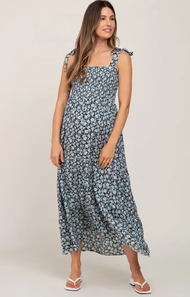 Black Floral Sleeveless Tiered Maternity Maxi Dress