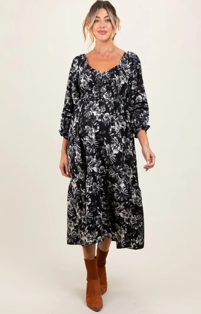 Black Floral Smocked 3/4 Sleeve Tiered Maternity Midi Dress