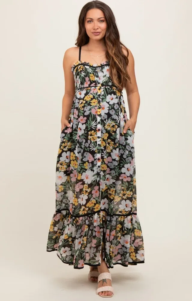 Black Floral Smocked Button Accent Maternity Dress