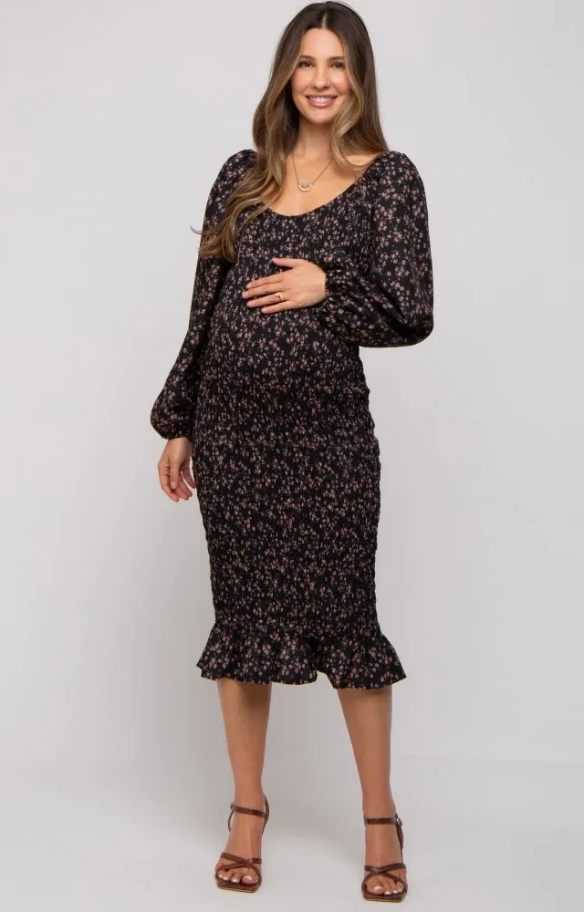 Black Floral Smocked Fitted Long Sleeve Maternity Midi Dress