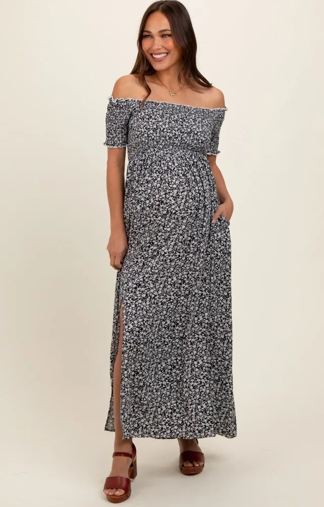 Black Floral Smocked Fitted Sleeve Side Slit Maternity Maxi Dress