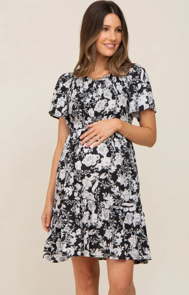 Black Floral Smocked Gathered Tier Maternity Dress