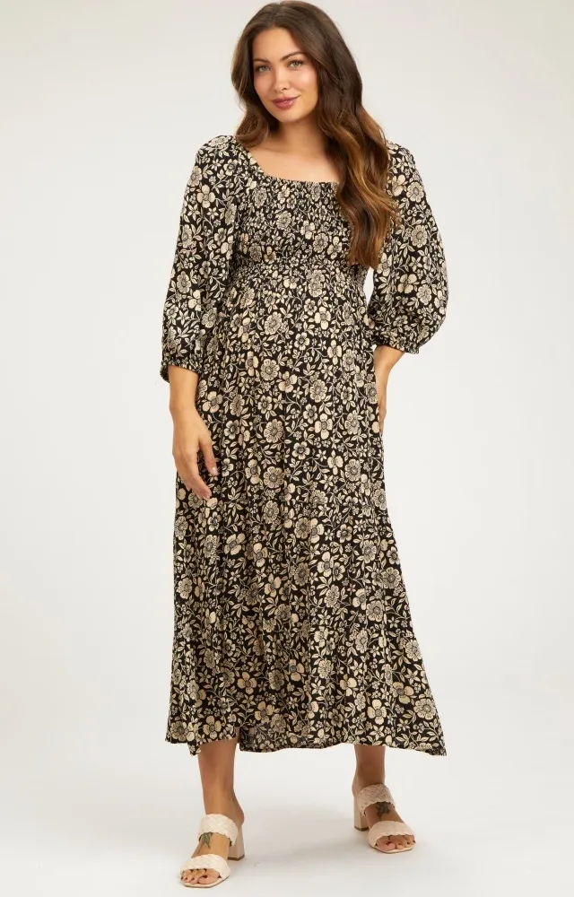 Black Floral Smocked Half Sleeve Maternity Dress