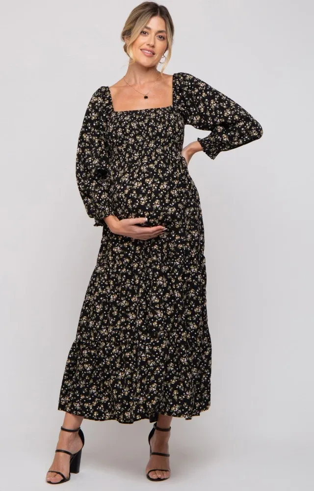 Black Floral Smocked Long Sleeve Maternity Maxi Dress