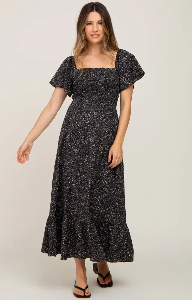 Black Floral Smocked Maternity Maxi Dress