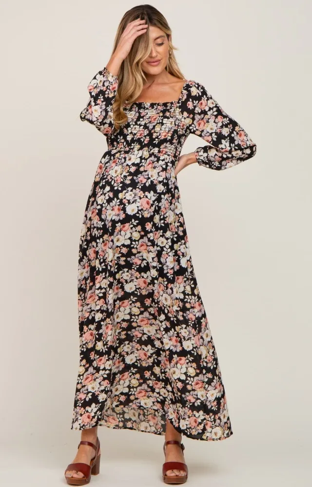 Black Floral Smocked Maternity Midi Dress