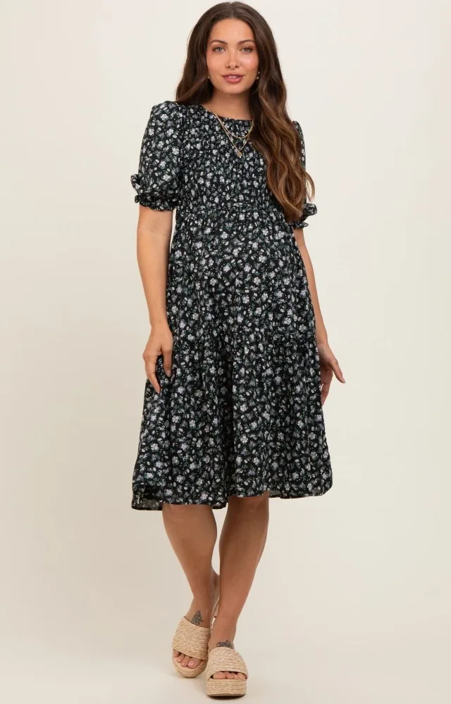 Black Floral Smocked Maternity Midi Dress