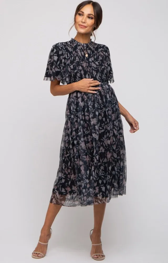 Black Floral Smocked Mesh Knit Maternity Midi Dress