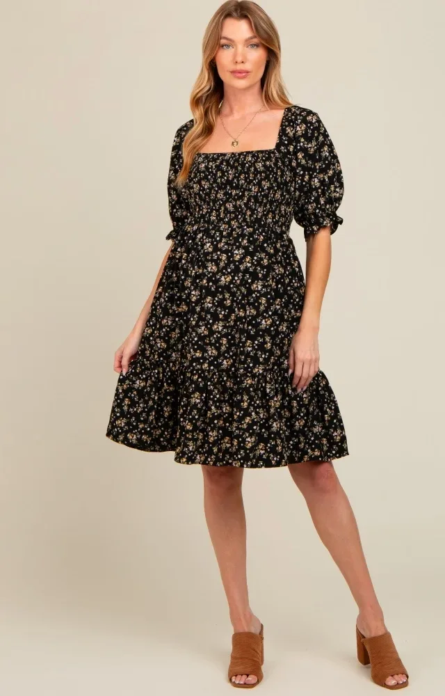 Black Floral Smocked Puff Sleeve Maternity Dress