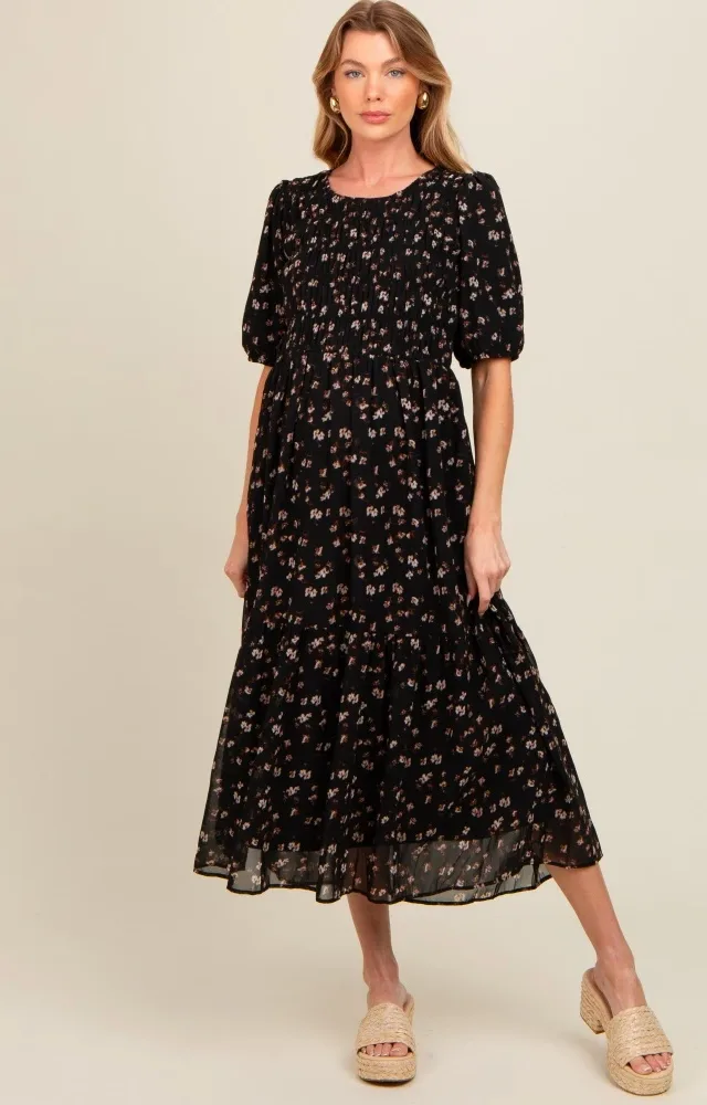 Black Floral Smocked Sash Tie Maternity Midi Dress