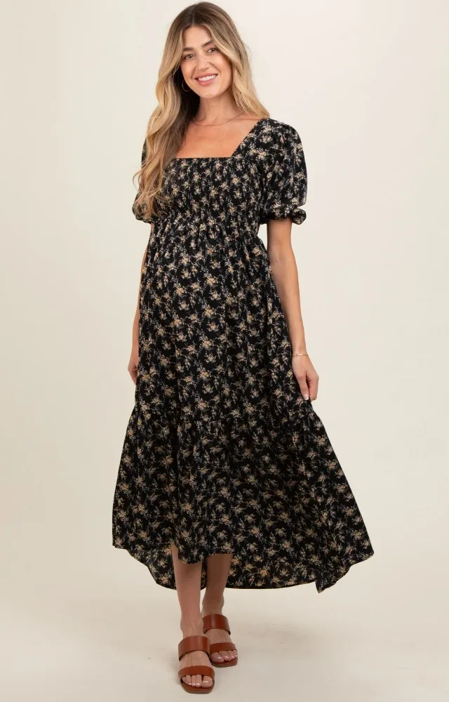 Black Floral Smocked Square Neck Short Puff Sleeve Maternity Midi Dress