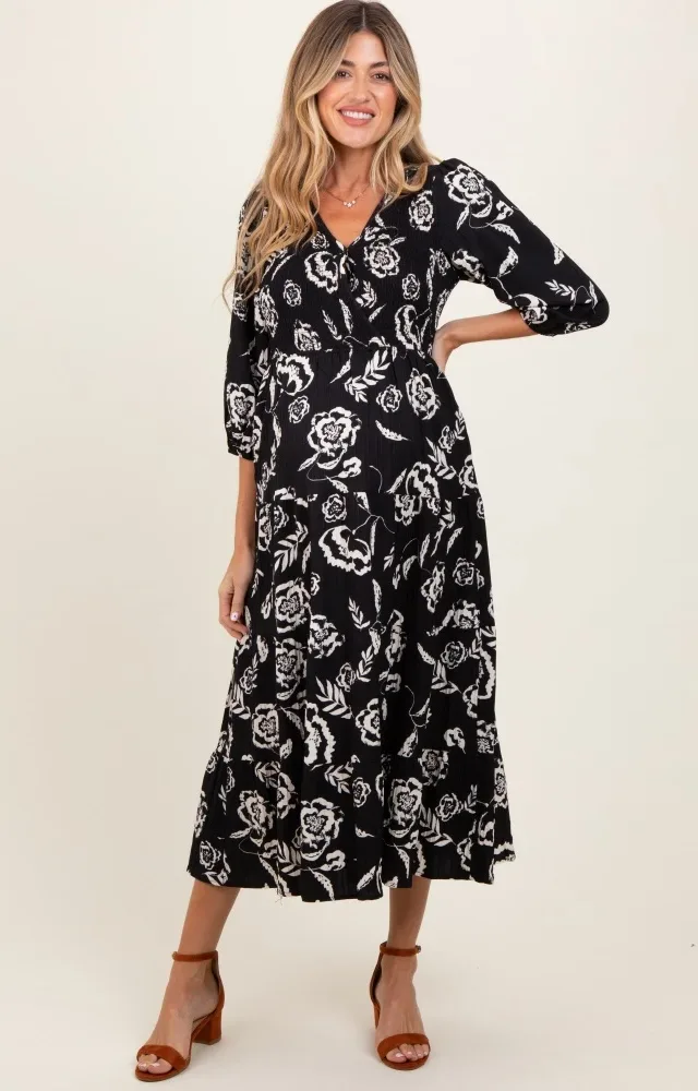 Black Floral Smocked Tiered Maternity Dress