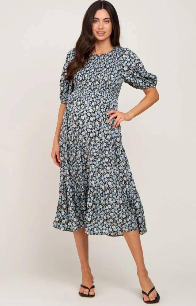 Black Floral Smocked Tiered Maternity Midi Dress