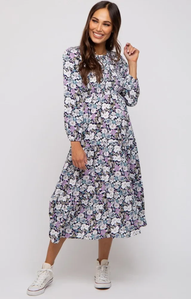 Black Floral Smocked Tiered Maternity Midi Dress