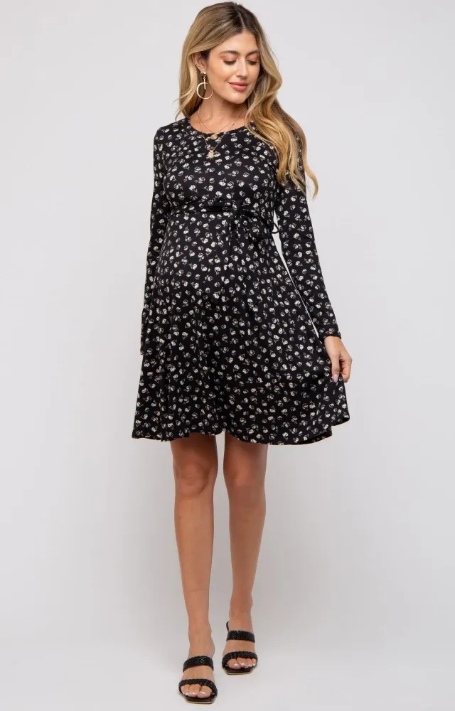 Black Floral Soft Knit Long Sleeve Maternity Dress