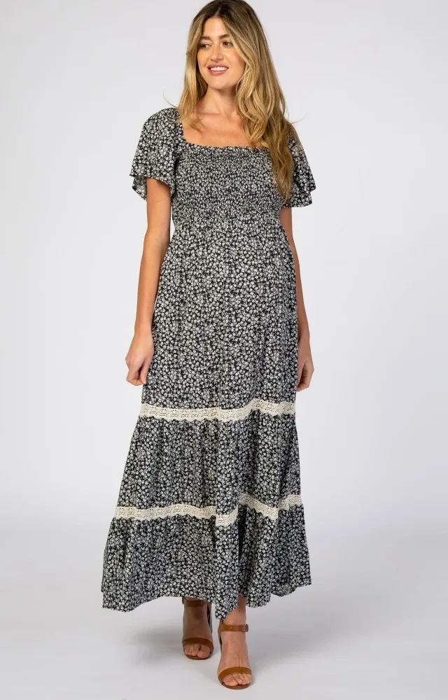 Black Floral Square Neck Smocked Front Lace Trim Maternity Maxi Dress