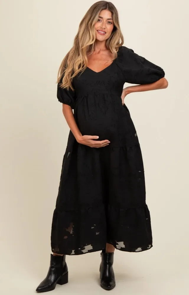 Black Floral Textured Tiered Midi Maternity Dress