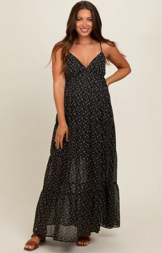 Black Floral Tiered Maternity Maxi Dress