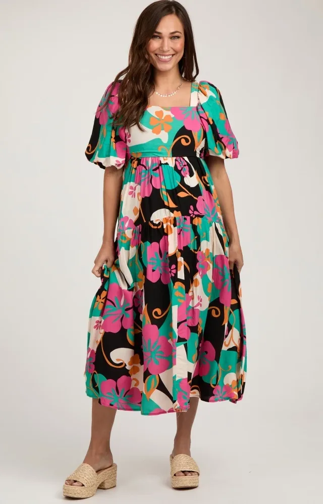 Black Floral Tiered Puff Sleeve Maternity Midi Dress