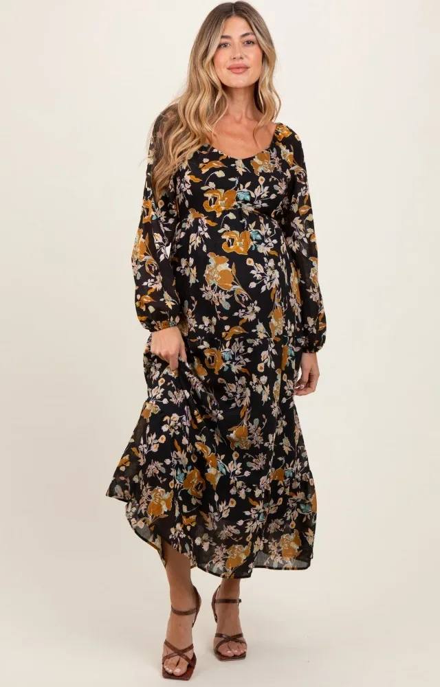 Black Floral V-Neck Long Sleeve Maternity Midi Dress