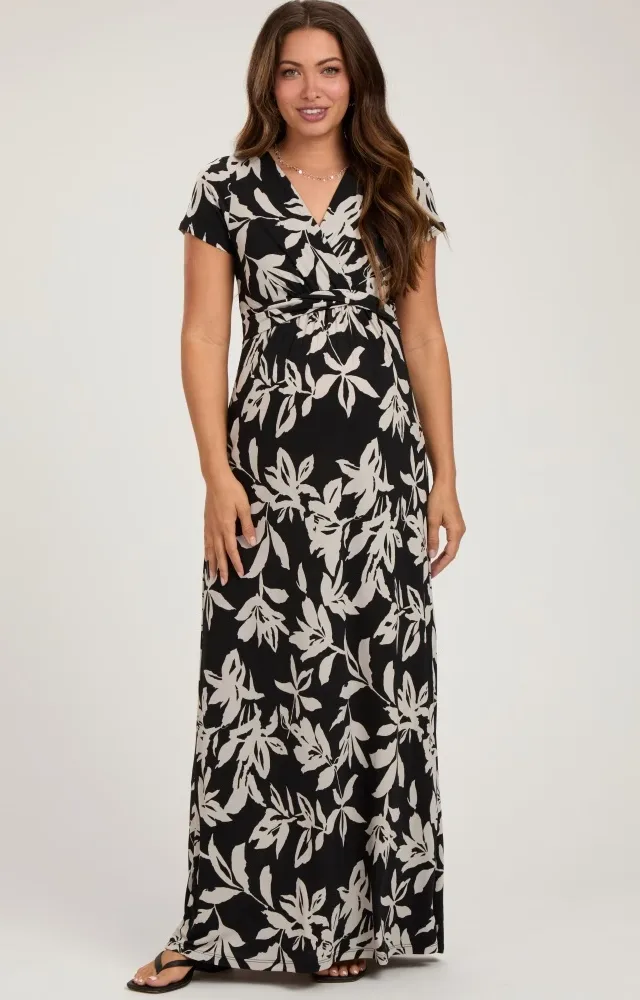 Black Floral V-Neck Maternity Maxi Dress