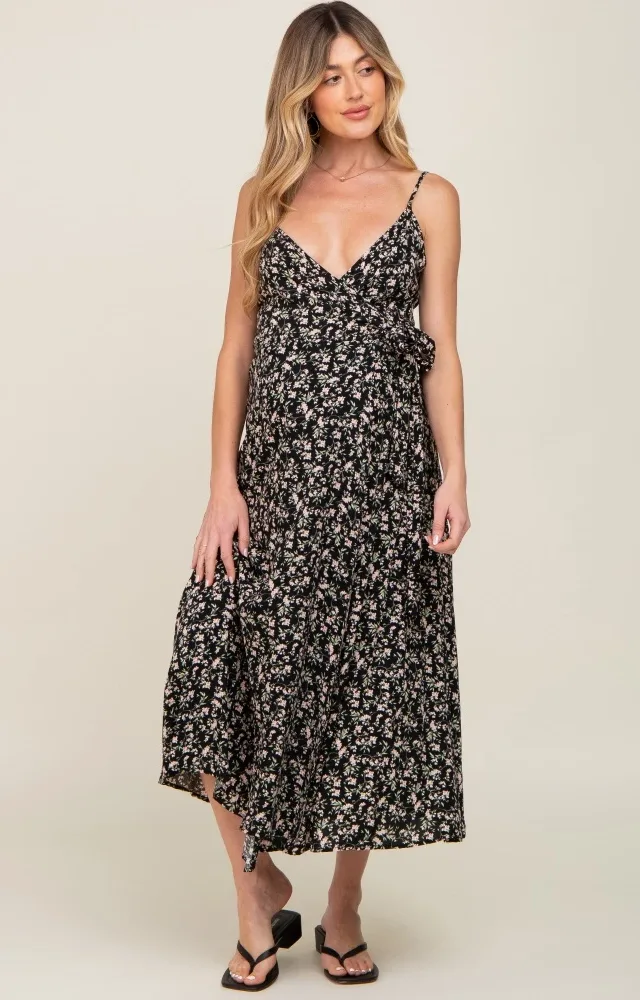 Black Floral Wrap Maternity Midi Dress