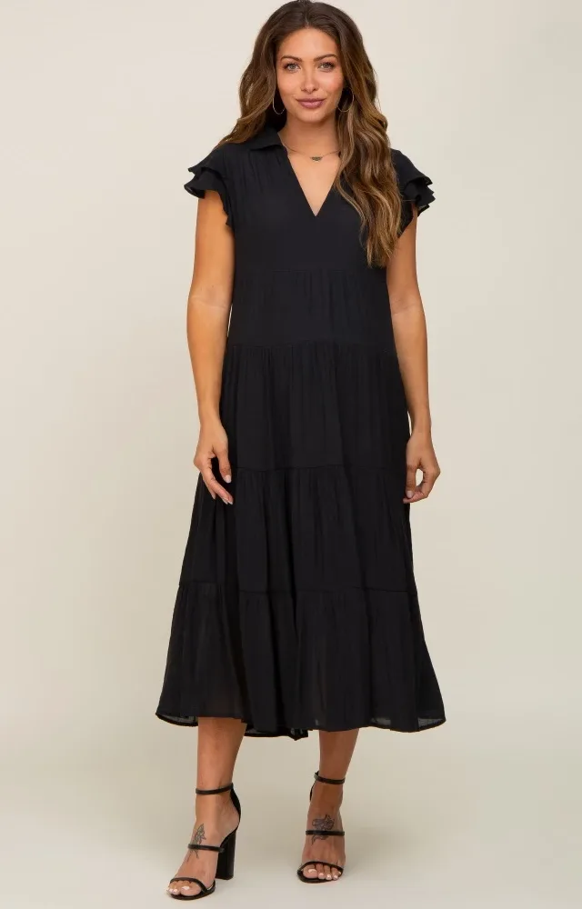 Black Flutter Sleeve Tiered Maternity Midi Dress