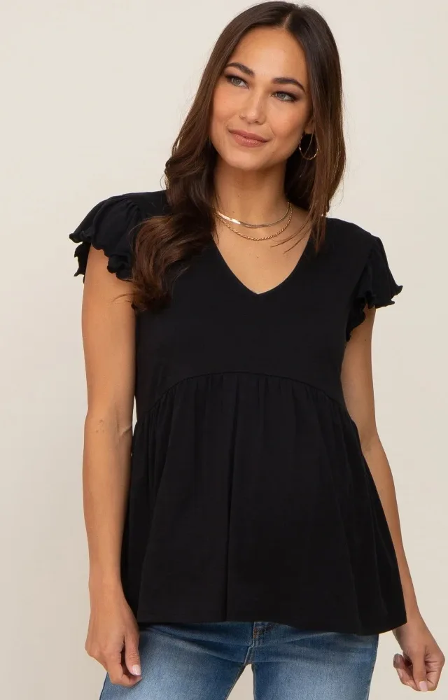 Black Flutter Sleeve V-Neck Maternity Top