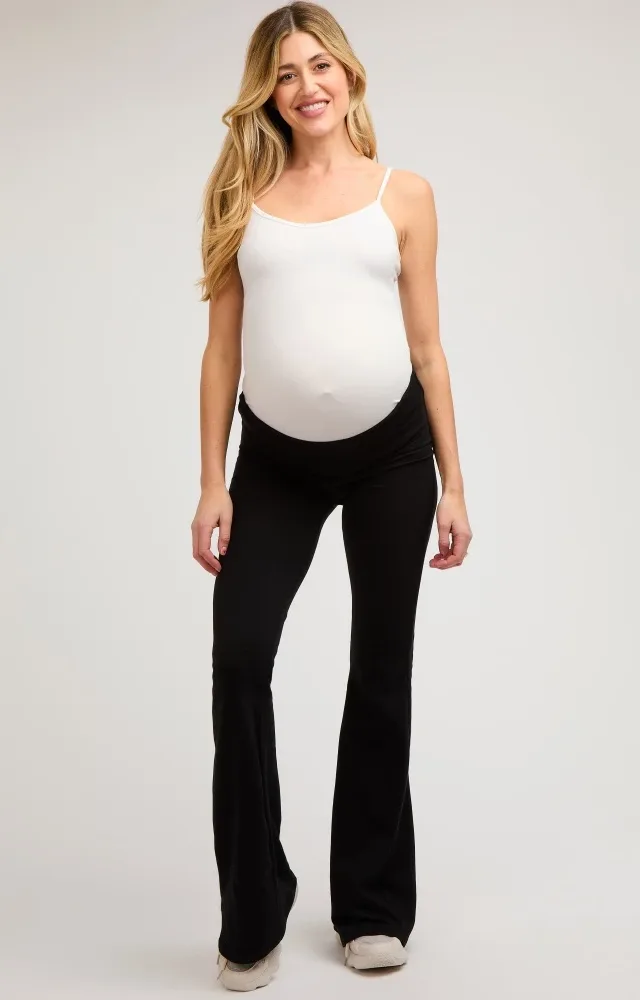 Black Fold-Over Waistband Flared Maternity Leggings