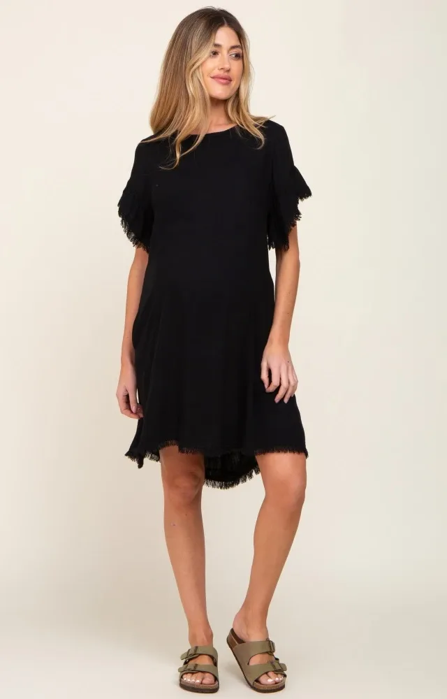 Black Frayed Trim Back Keyhole Linen Maternity Dress