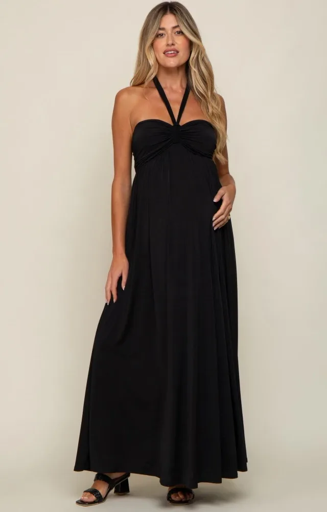 Black Front Knot Halter Maternity Maxi Dress