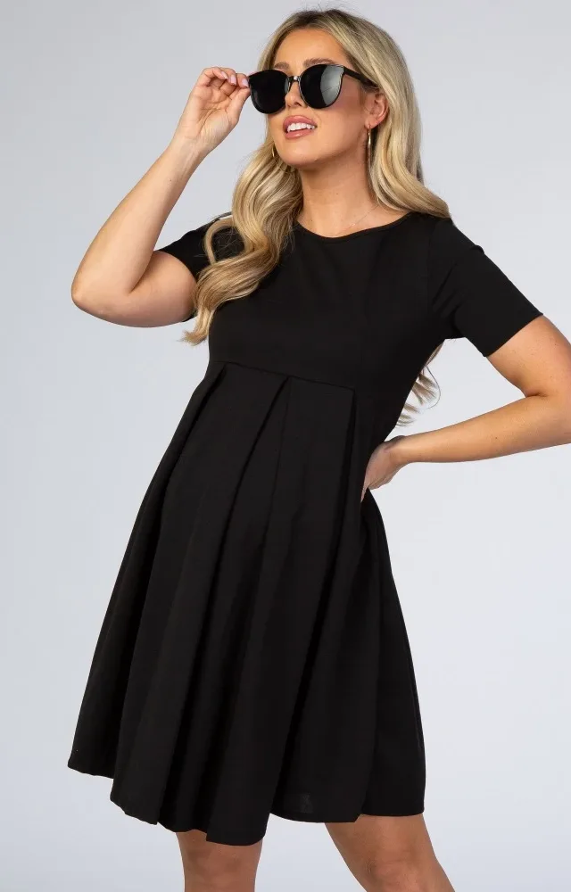 Black Front Pleat Maternity Dress