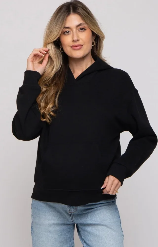 Black Front Pocket Hooded Fleece Maternity Sweatshirt