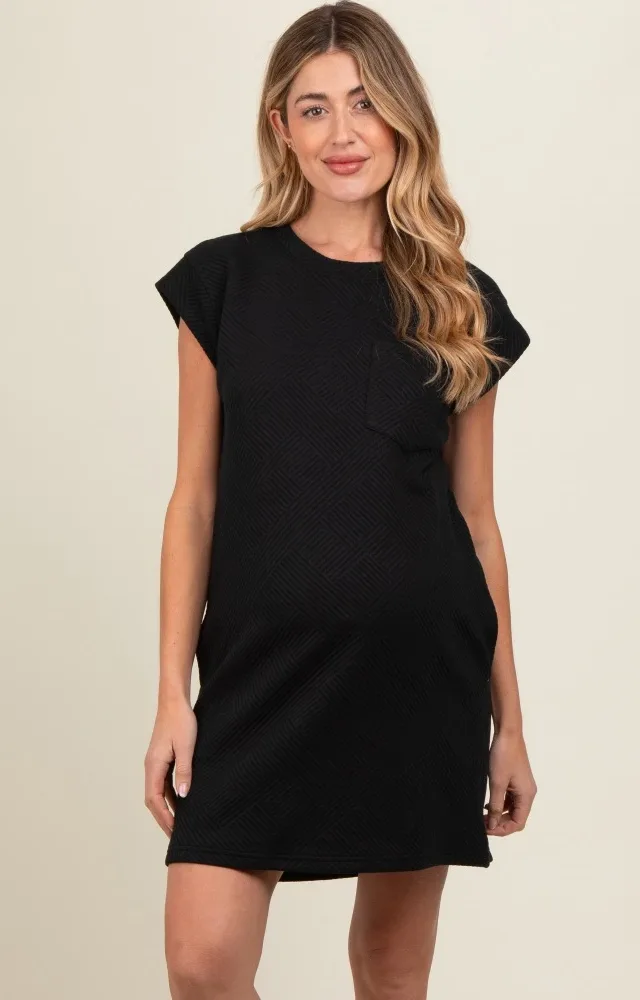 Black Front Pocket Line Textured Short Sleeve Maternity Dress