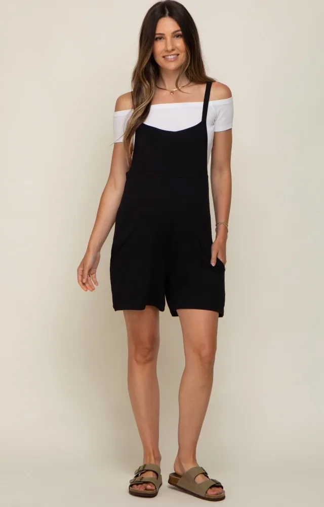 Black Front Pocket Overall Knit Maternity Romper