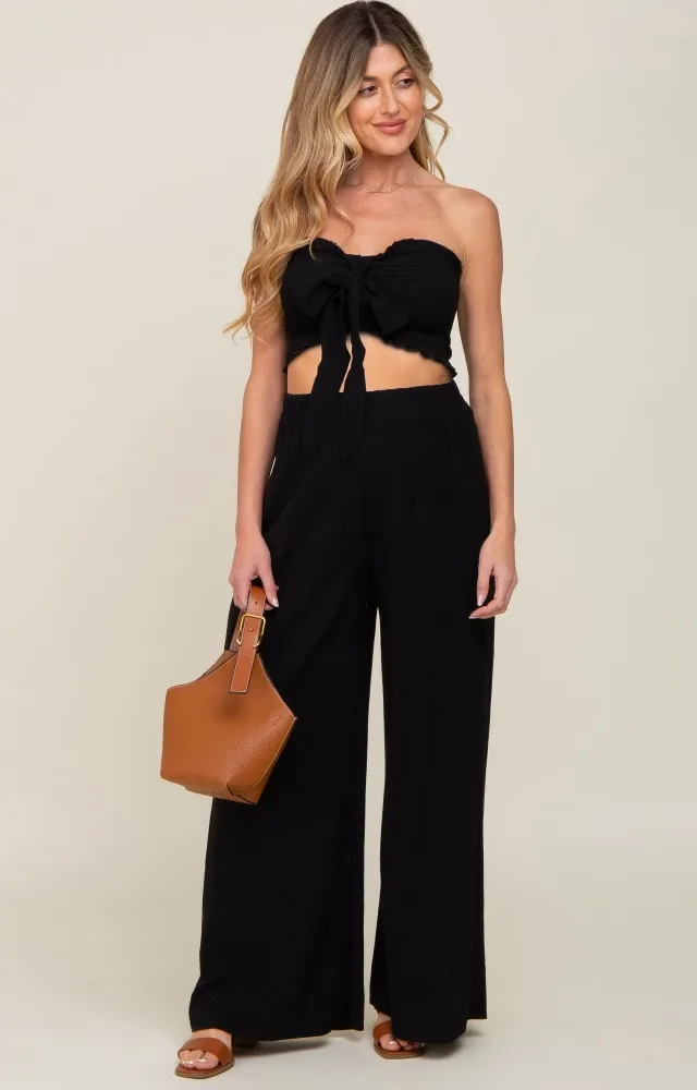 Black Front Tie Crop Top And Pant Maternity Set