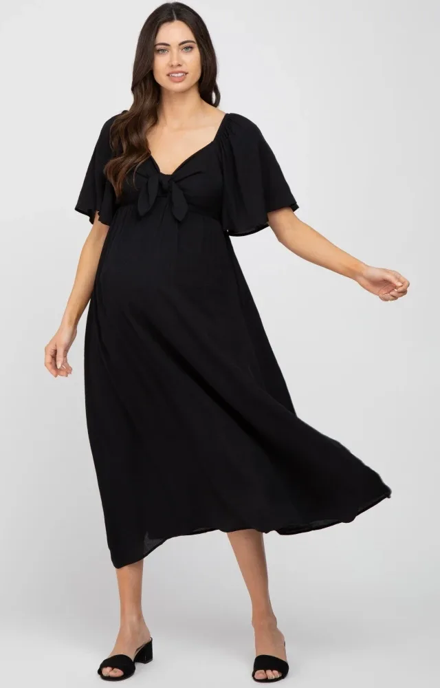 Black Front Tie Ruffle Sleeve Maternity Midi Dress