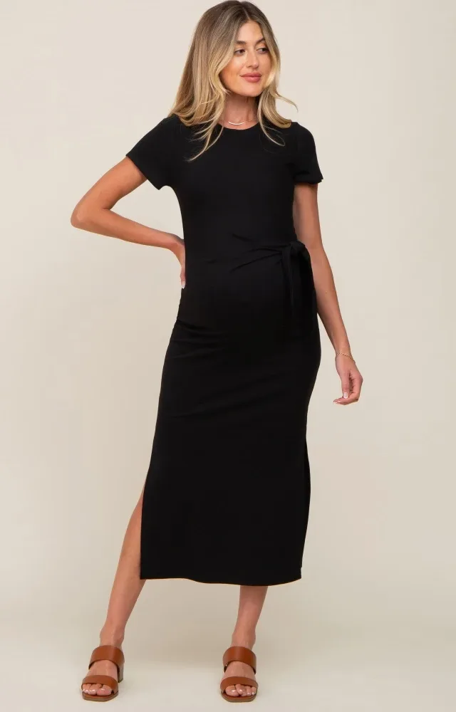 Black Front Tie Side Slit Maternity Midi Dress