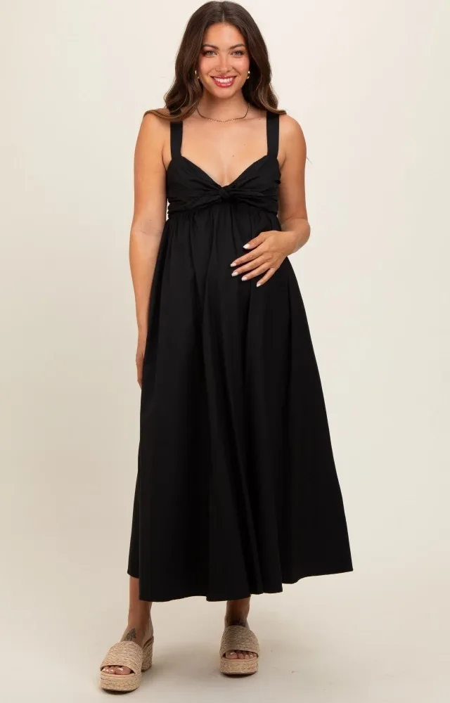 Black Front Tie Sleeveless Maternity Midi Dress