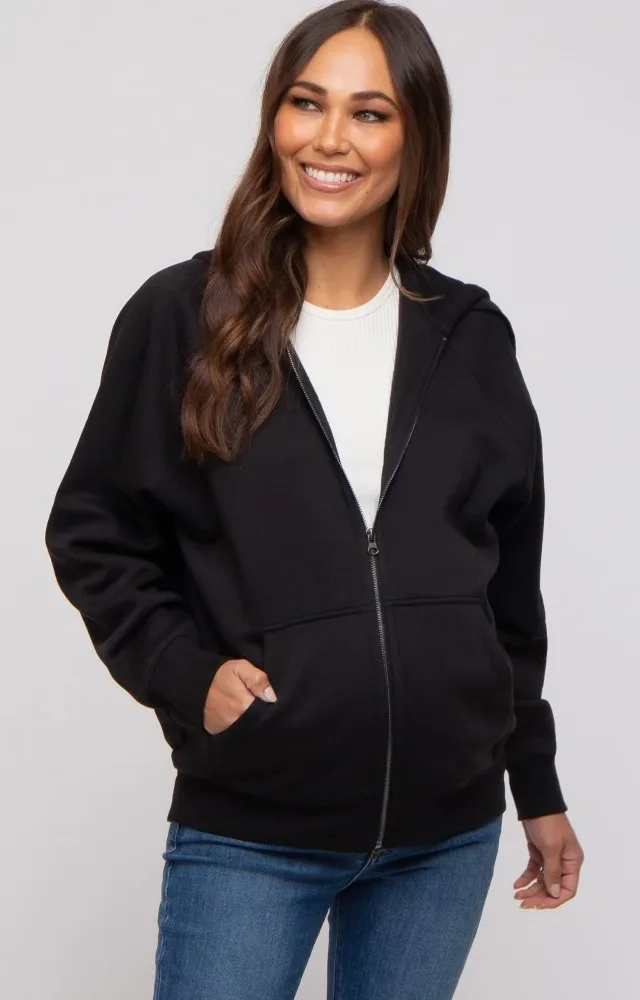 Black Front Zipper Hooded Maternity Sweater