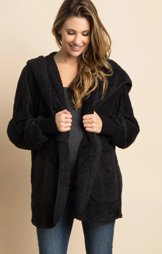 Black Fuzzy Hooded Maternity Jacket